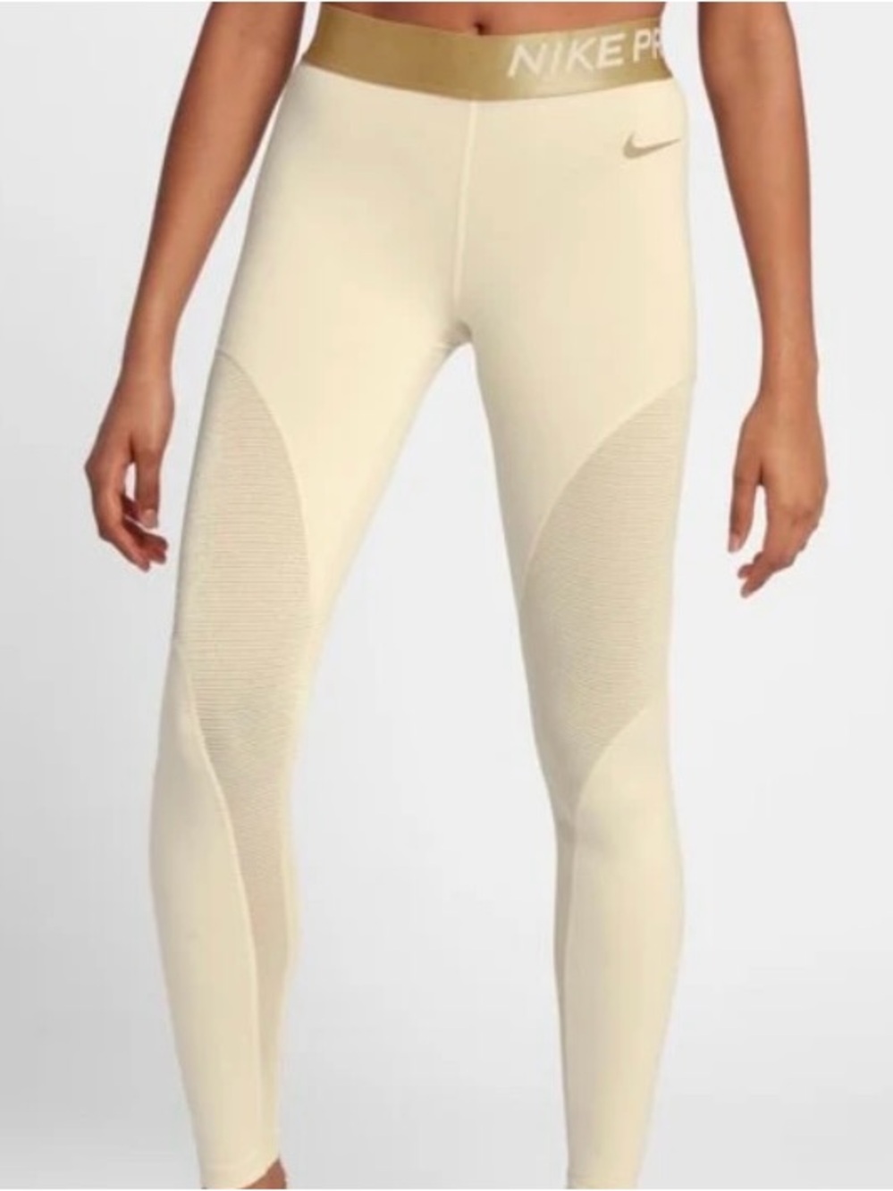 Nike Pro Warm 7/8 Training Tights Light Cream Gold Metallic Size S